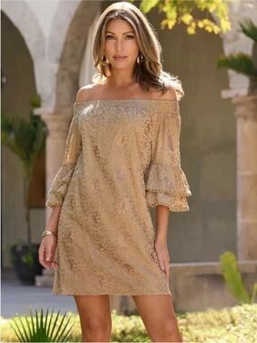 Boston Proper metallic gold over shoulder lined linen mini Dress Sz M